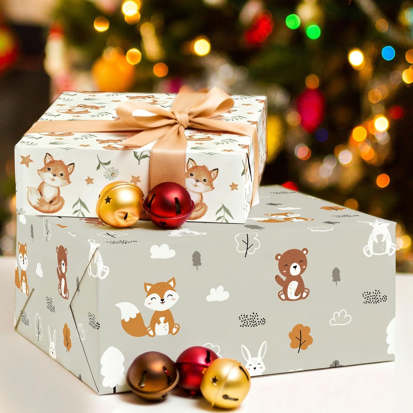 WRAPLULU Fox Wrapping Paper - 4 Jumbo Sheets, 28 * 40 Inches - Woodland Christmas Gift Wrap with Stars Floral and Leave, Perfect for Xmas, Birthdays, Baby Showers, Weddings
