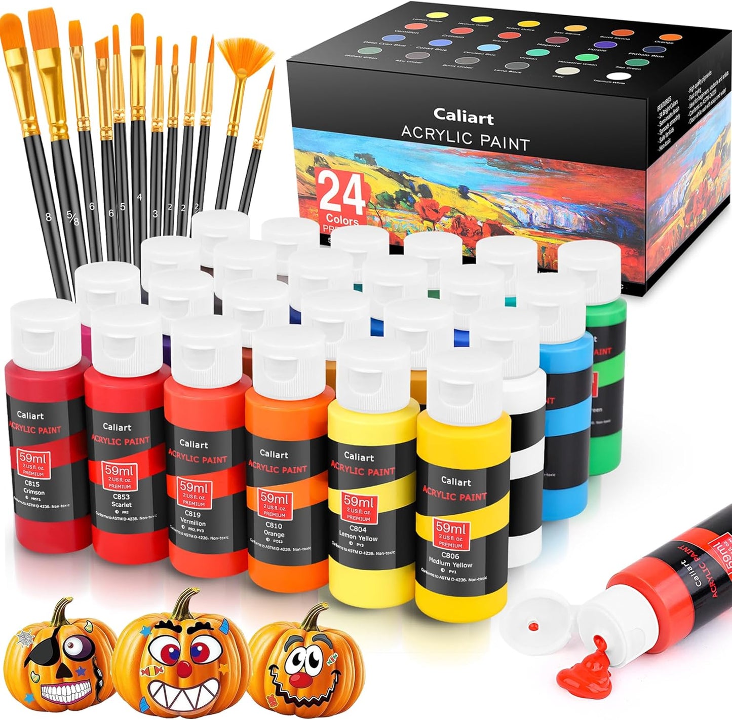 Caliart 24 Colors Acrylic Paint Set with 12 Brushes, Art Craft Paints Gifts Trendy Stuff for Adults Artists, Halloween Pumpkin Canvas Ceramic Rock Eggs Painting Kit Art Supplies