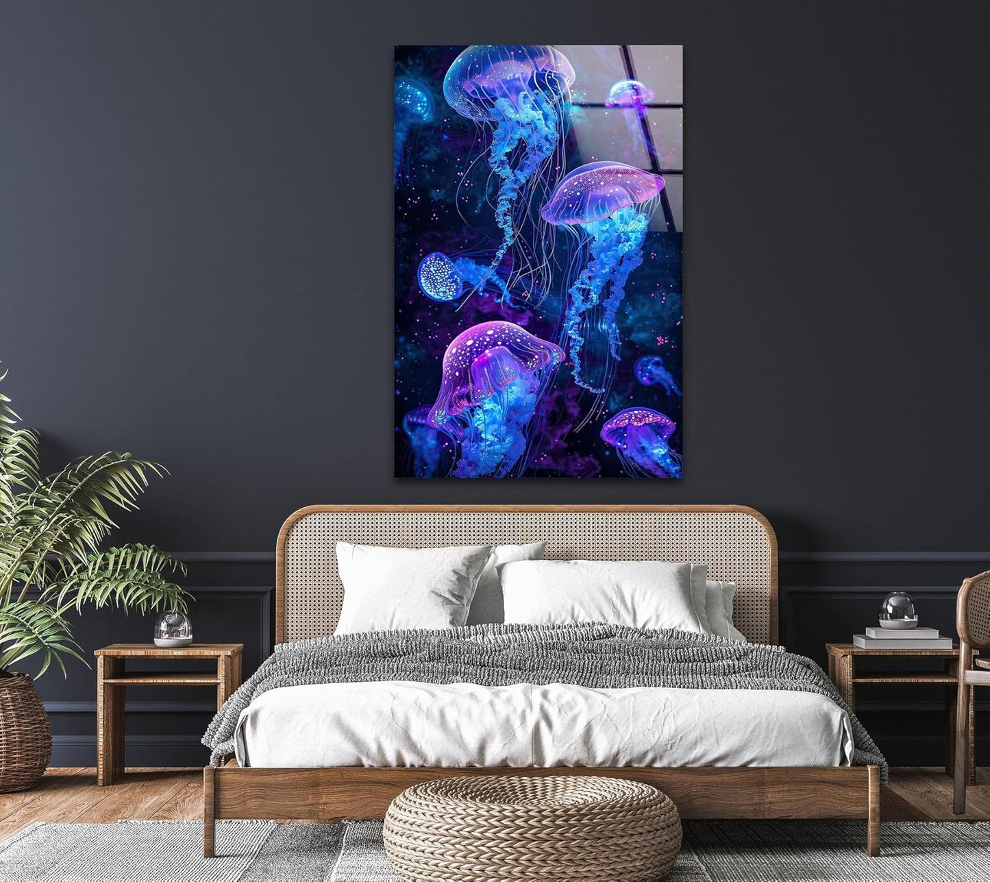 My Photostation.com Round 24'' Glowing Jellyfish Glass Wall Art Tempered Glass Printing Wall Decor Large Wall Art Wall Hangings