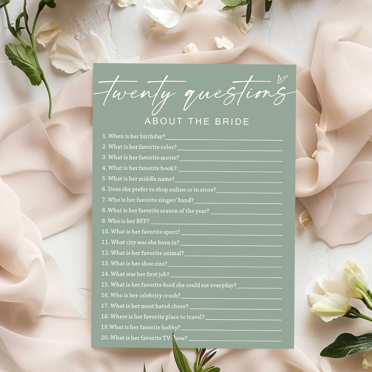 Bridal Shower Games Cards - Twenty Questions About The Bride for 25 Guests, Engagement Party Wedding Game, Minimalist Green Party Supplies - C05