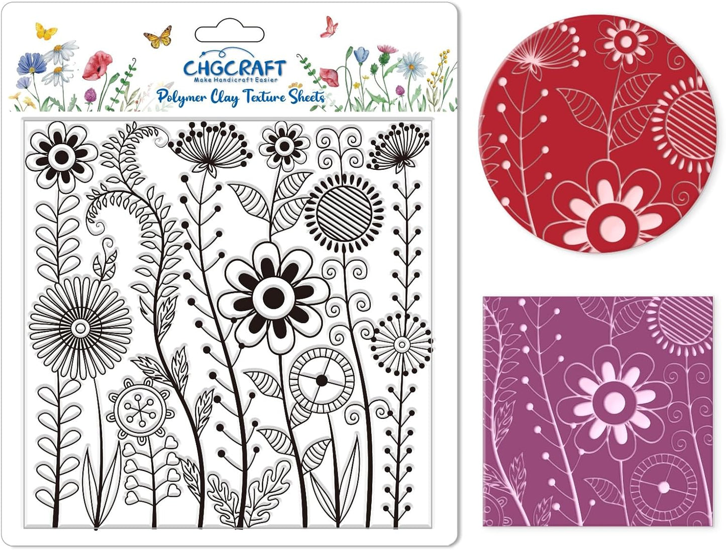 CHGCRAFT Abstract Wildflowers Polymer Clay Texture Sheets Geometric Flowers Silicone Stamp Clay Texture Mat Modeling Pattern Pad Texture Sheets for Jewelry and Clay Earrings Tools, 5.5x5.5 inch