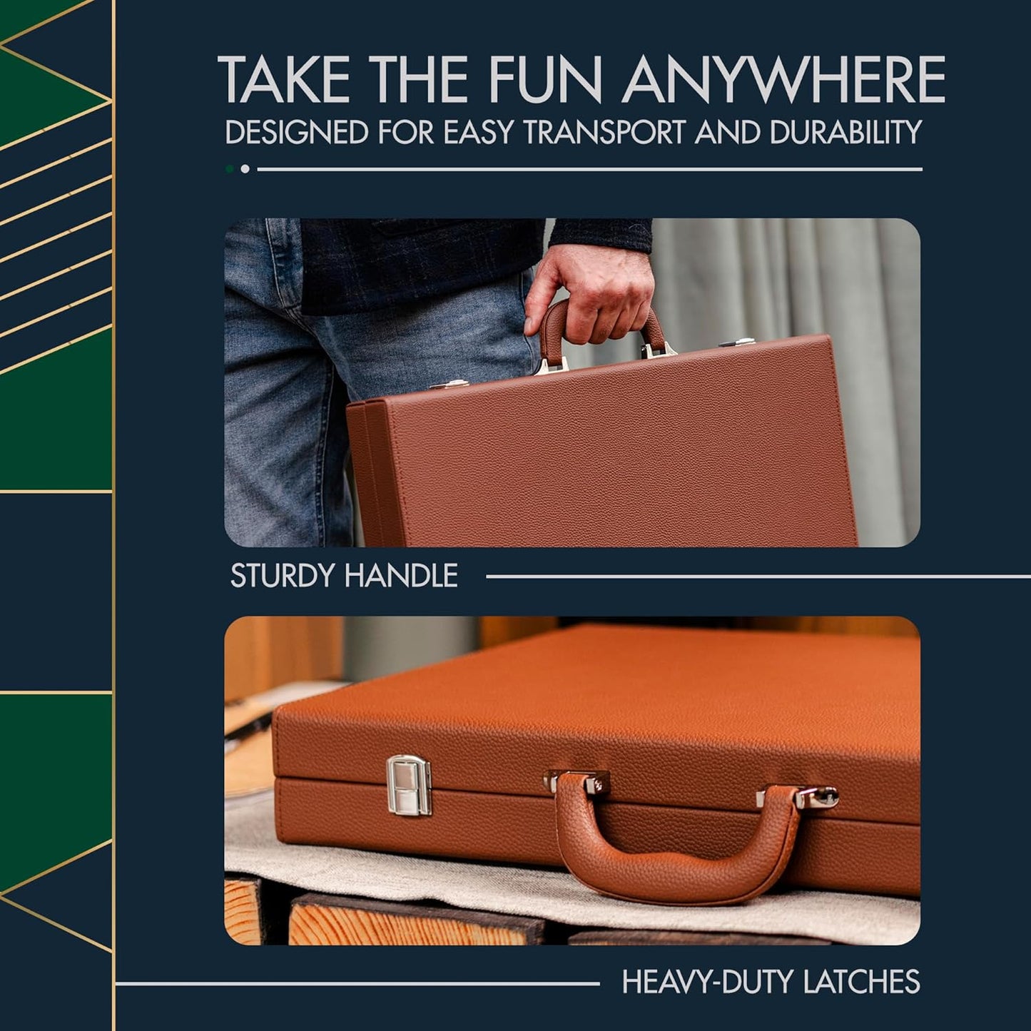 19 Inch Premium Backgammon Sets for Adults Leather Brown - Green. Premium 1.6 Inch Checkers & Dice Set, Travel Backgammon Set, Large, Backgammon Board Game, Backgammon Game Set