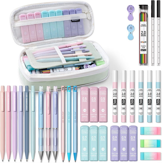 Four Candies 36PCS Aesthetic School Supplies, Mechanical Pencil Set 0.5mm, 0.7mm, 0.9mm & 2.0mm with 624 Lead Refills, Back to School Supplies for Writing & Drawing, Ideal Stationary Set Gift (Green)