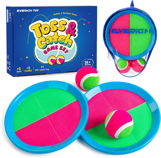 EVERICH Upgraded Toss and Catch Ball Game Set - Indoor and Outdoor Games for Kids 3-12, Beach Sand Pool Water Toy Includes 2 Paddles 2 Sticky Balls, Great Birthday Easter Gifts for Boys Girls