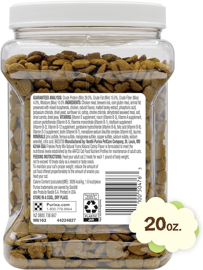 Friskies Purina Made in USA Facilities, Natural Cat Treats, Party Mix Natural YUMS Catnip Flavor - 20 Ounce (Pack of 2)