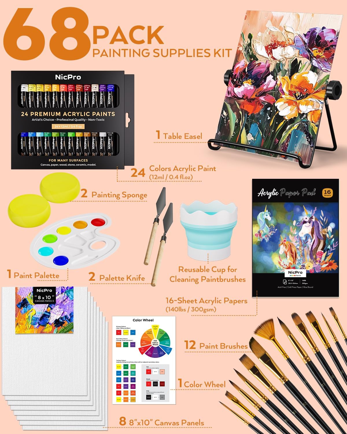 Nicpro 68PCS Acrylic Paint Canvas Set for Adults, Art Painting Supplies Kit with 24 Acrylic Paints,Table Easel,8 Canvas Panels,12 Brushes,Paper Pad,Cleaning Cup, Sponge, Palette for Beginner Artist