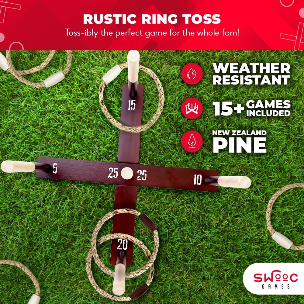 SWOOC Games - Rustic Ring Toss Game (All Weather) - Easy Setup & Extra Games Included - Ring Toss Game for Adults - Outdoor Acitivities for Adults - Yard Toys for Kids - Backyard Fun - Outdoor Party