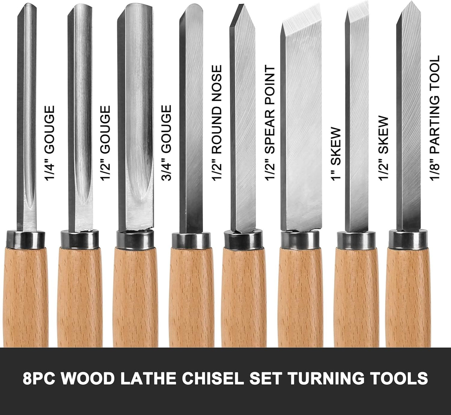 HAUTMEC Professional Wood Turning Chisel 8 pcs Set, Lathe Chisel Set with 2 Skew 1 Spear Point 1 Parting 1 Round Nose & 3 Gouge Tools for Beginners, Hobbyists and Professionals HT0237-WW