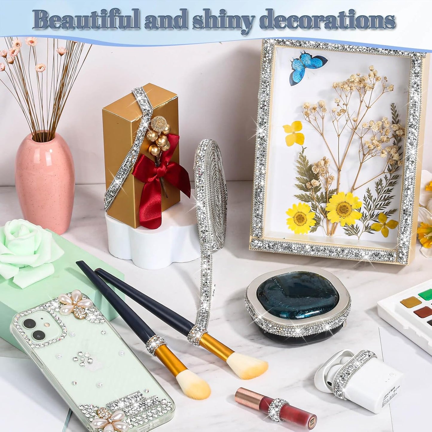 5 Yards Self Adhesive Rhinestone Ribbons, Sliver Rhinestone Strips, Diamond Crystal Rhinestone Ribbon Roll Stickers Glitter Bling Ribbons Rhinestones for Crafts Fabric Car Shoes Décor