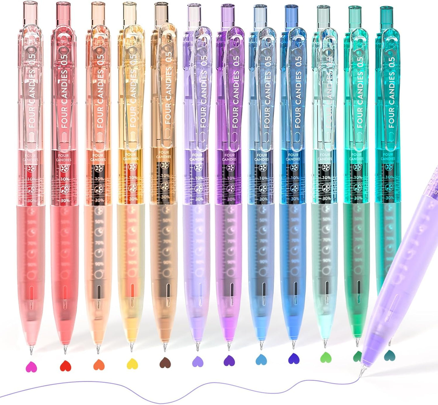 Four Candies 12Pack 0.5mm Quick Dry Retractable Gel Pen Set, Cute Transparent Fine Point Multicolor Note Taking Aesthetic lnk Pens, Comfort Grip 12 Ink Colors Drawing Writing School Office Home