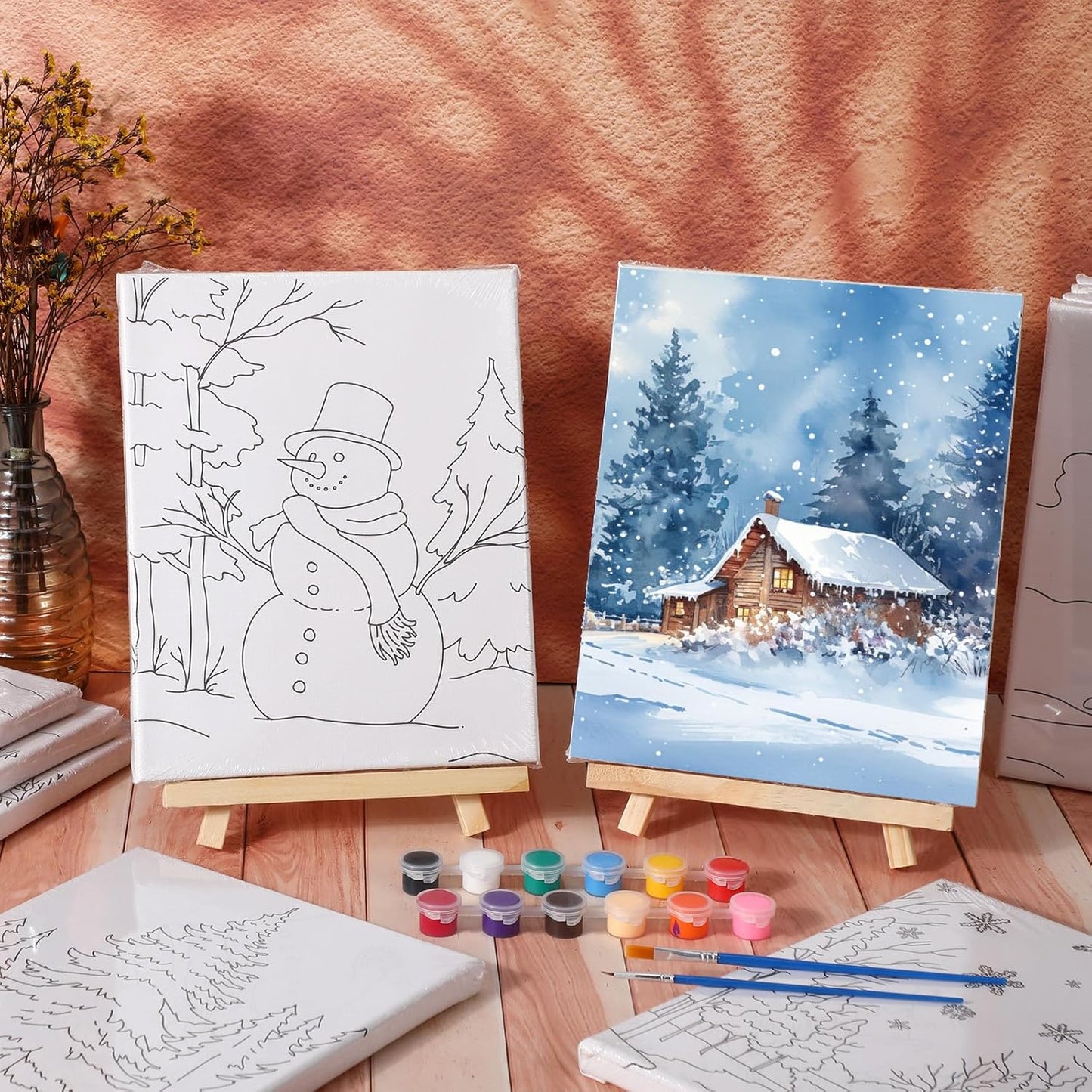 Zhanmai 12 Pack Pre Drawn Canvas for Painting Sip and Paint Kit 8" x 10" Paint Party Set Canvas Painting Pre Printed Canvases for Party Favor DIY Virtual Adult's Date Night (Winter Sonw)