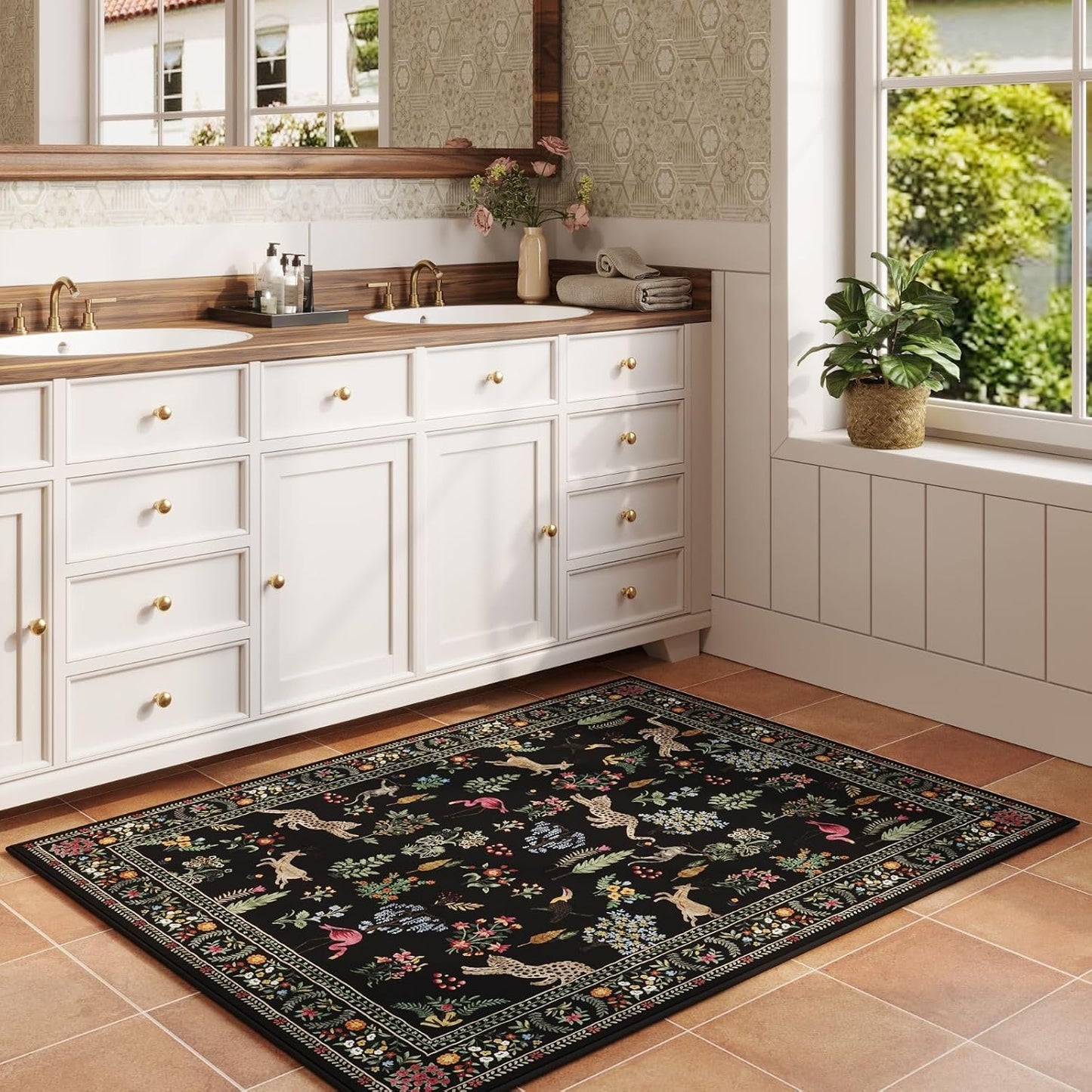 Rugcomf Door Mat Indoor Entrance 2x3 Rug Machine Washable Boho Floral Animal Small Area Rug Non-Slip Low Pile Throw Rugs for Entryway, Kitchen, Front Door Indoor Entrance, Entry, Kids Room (Black)