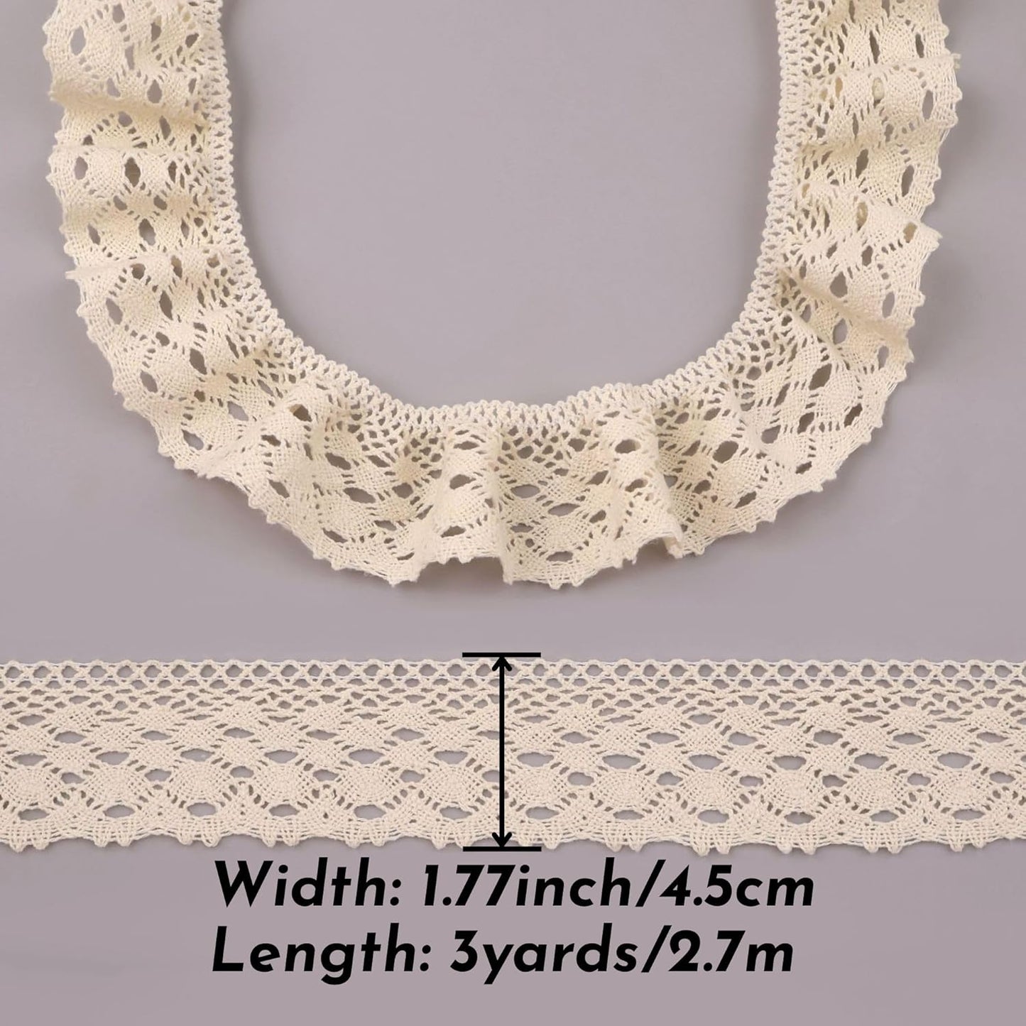 Beige Ruffle Lace Trim 1.77''x3yds Gathered Elastic Lace Ribbon for Sewing Crafts, Apparel Home Decor