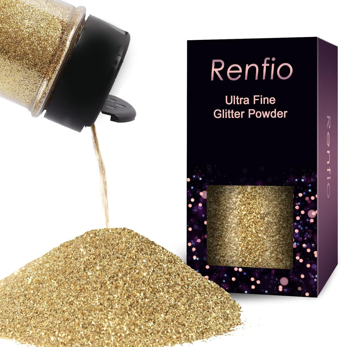 Renfio Ultra Fine Glitter Powder Metallic Resin Glitter 2.11 Oz (60g) PET Flakes Crafts Sequins 1/128" 0.008" 0.2mm Epoxy Chips Flakes for Tumblers Slime Decoration - Champagne Gold