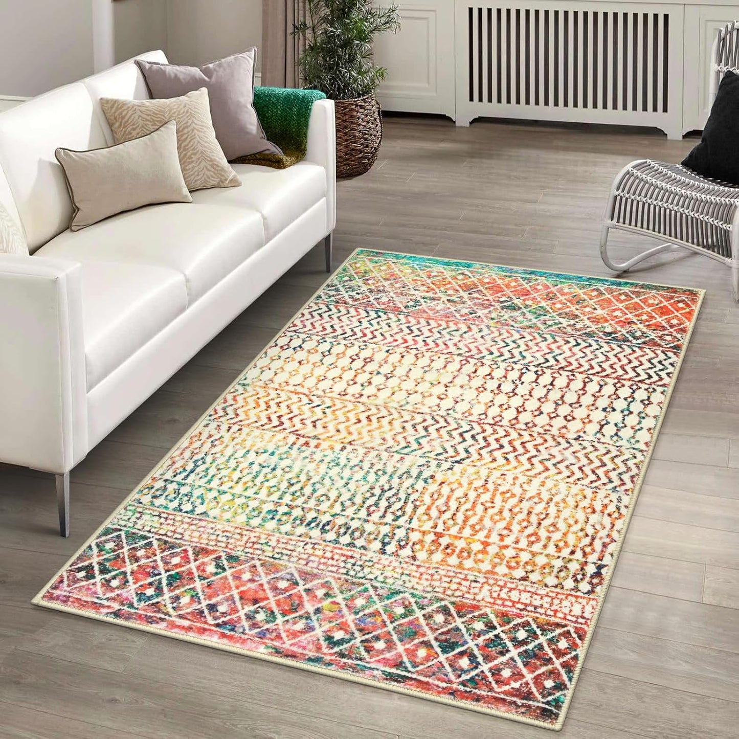 Moroccan 3x5 Rug,Ultra Soft Area Rugs for Living Room Non-Slip, Low-Pile Retro Distressed Colorful Nursery Rug for Kitchen Entryway Bedroom Living Room Office Carpet
