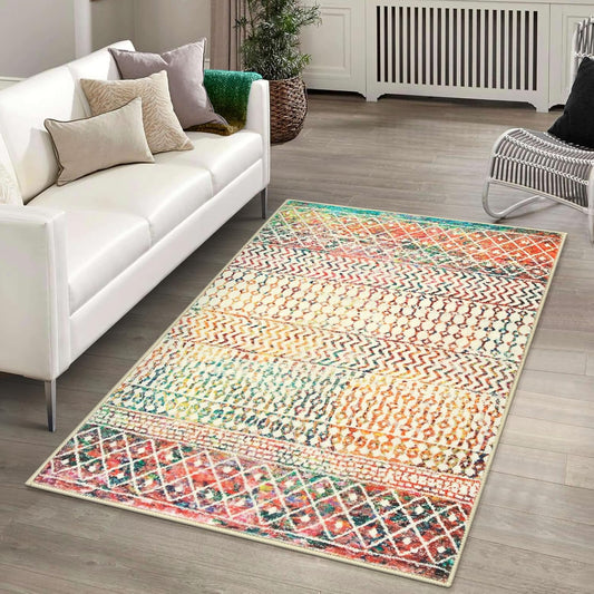 Moroccan 3x5 Rug,Ultra Soft Area Rugs for Living Room Non-Slip, Low-Pile Retro Distressed Colorful Nursery Rug for Kitchen Entryway Bedroom Living Room Office Carpet