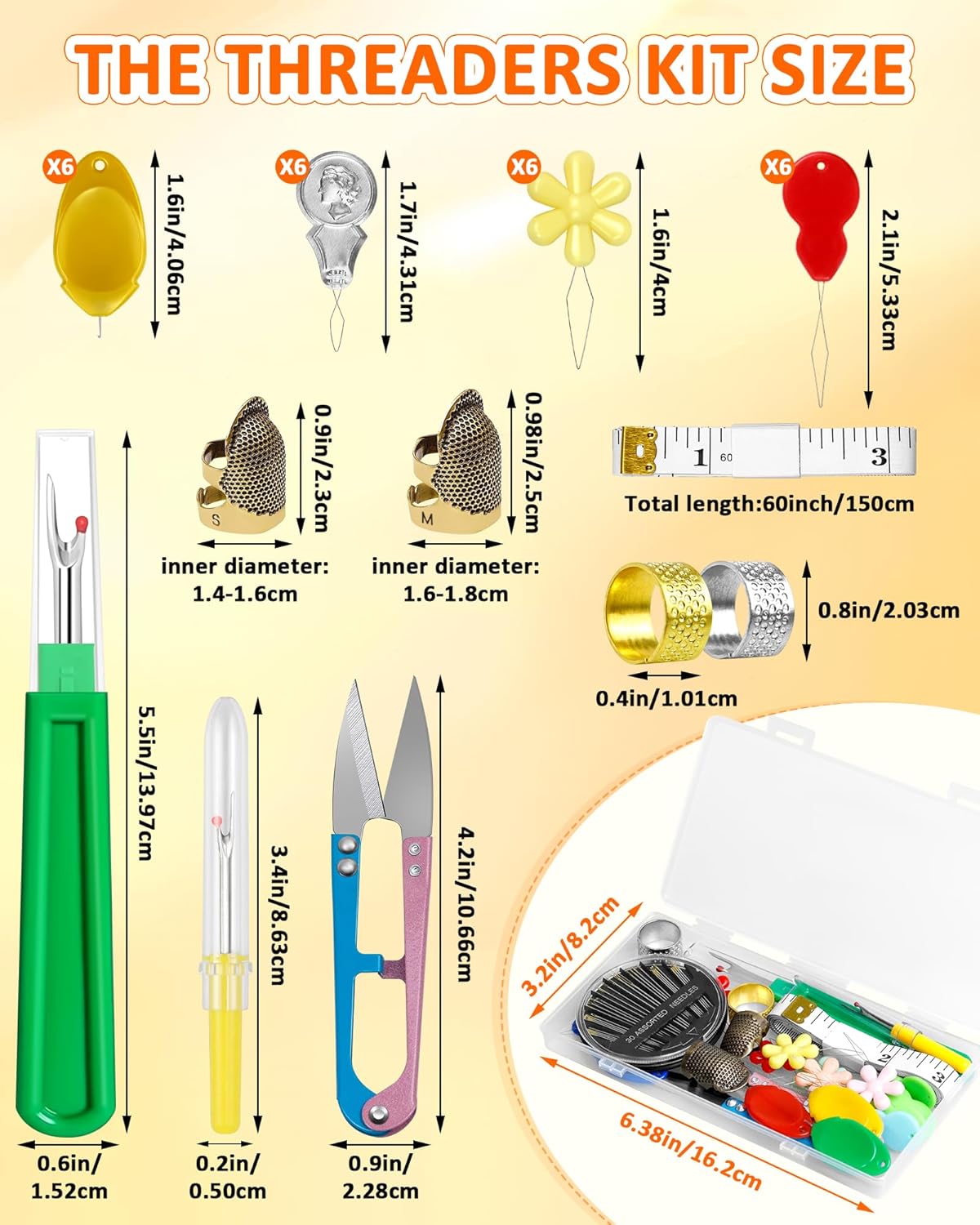 FIVEIZERO Needle Threaders Kit, 24 PCS Needle Threader for Hand Sewing, Needles Threader for Swing & Embroidery Floss with Embroidery Needles, Seam Ripper, Thread Snips, Thimble and Measuring Tape