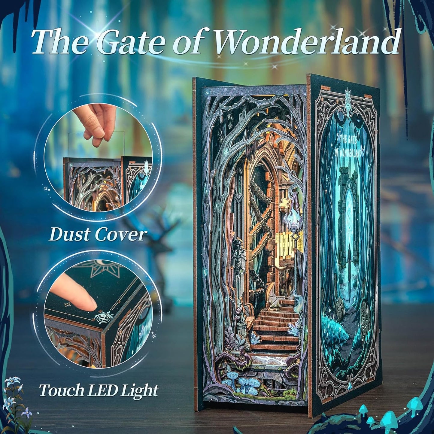 Fsolis Book Nook Kit, DIY Miniature Room House Kit 3D Wooden Puzzle Craft Kit for Adults Decorative Bookend Bookshelf Bookcase Nook Decor Gifts for Women Teens and Book Lovers (The Gate of Wonderland)