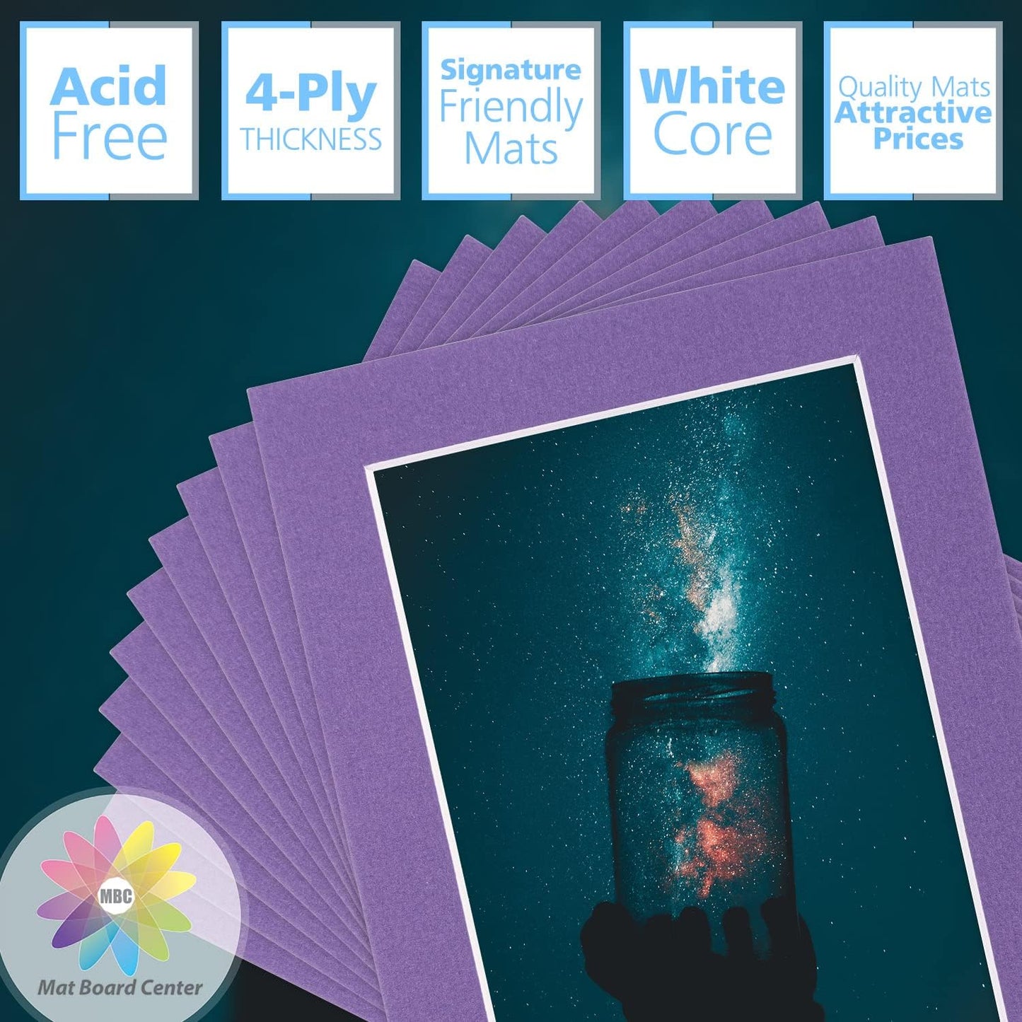 Mat Board Center, Pack of 10, 5x7 for 4x6 Color Mats - Bevel Cut, Acid Free, 4-ply Thickness, White Core - for Pictures, Photos, Framing, African Violet Color