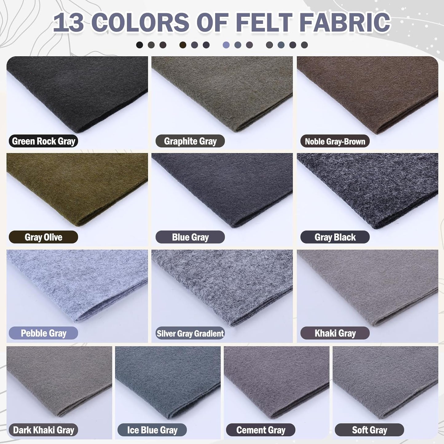 XSEINO 13 Rolls 8"x35" 1.4mm Thick Soft Felt Fabric Sheet 13 Assorted Gray Series Colors Felt Pack Pastel Felt Sheets for DIY Craft Sewing Squares Nonwoven Patchwork