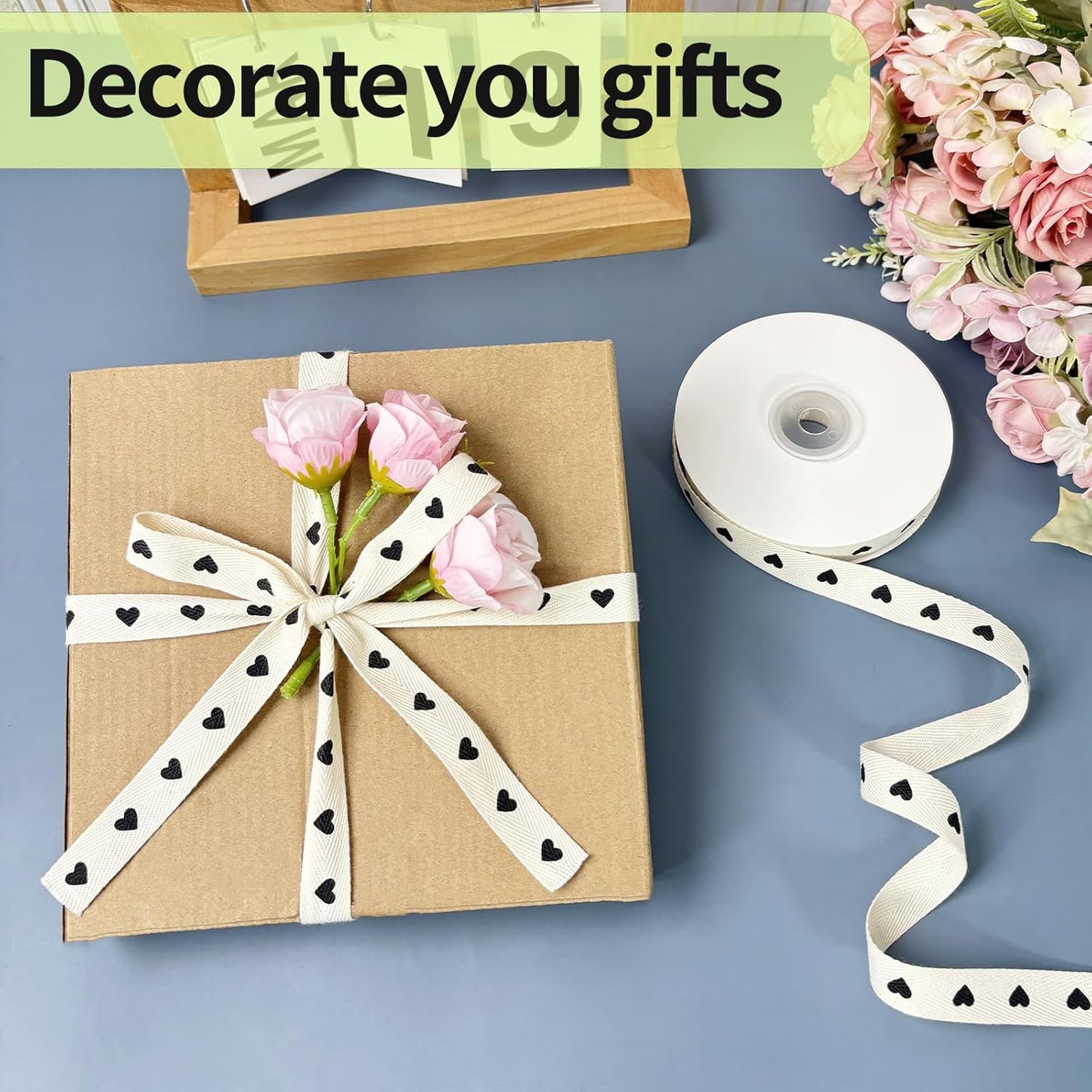 Cotton Herringbone Ribbon - Natural Twill Tape for Custom Gift Wrapping & DIY Crafts-5/8 Inch x 15 Yards - Black Heart Print