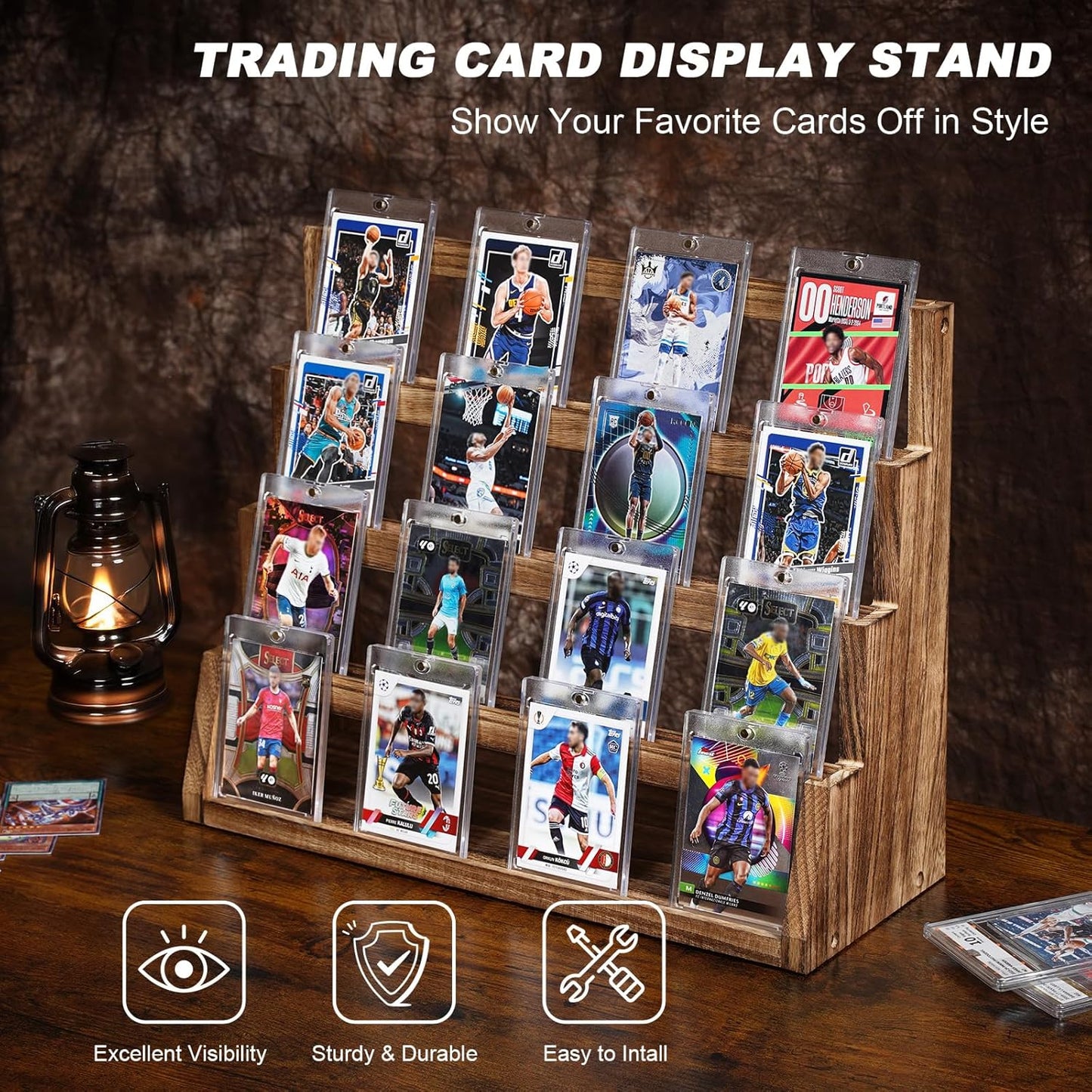 Emfogo Card Display Stand, 4-Tier Trading Card Display, Wooden Graded Baseball Sports Card Display, Trading Card Display Case for Card Collection & Show (Brown)