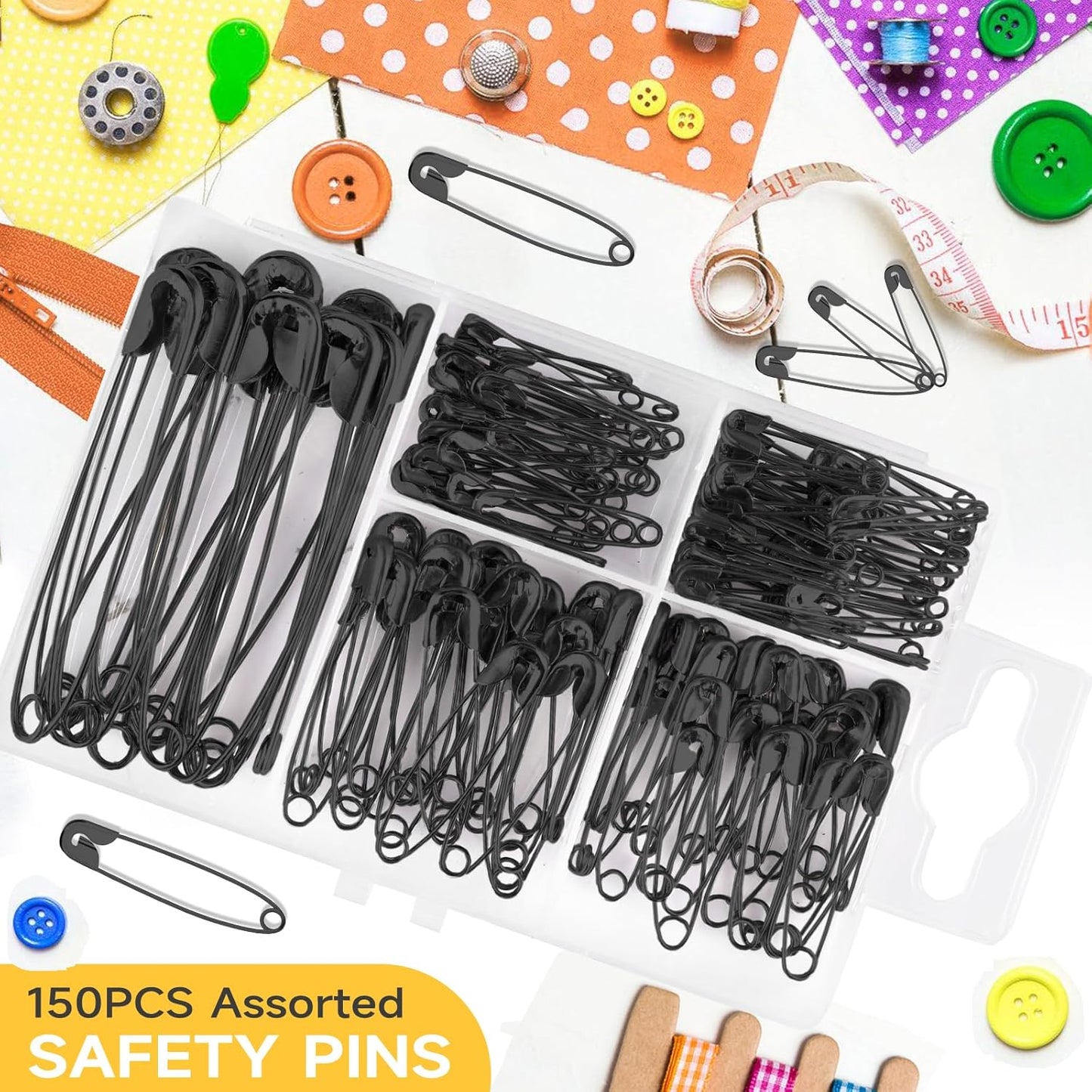 Huhuhero 160-Pack Safety Pins Assorted, Small and Large Safety Pins for Clothes Costume, 5 Different Sizes Nickel Plated Steel Pin Bulk, Sewing Arts Crafts Supplies, Black