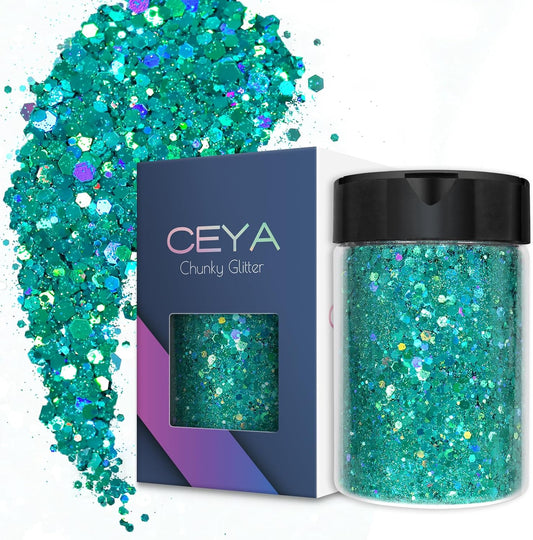 Ceya Holographic Chunky Glitter, 4.9oz/ 140g Cyan Craft Glitter Powder Mixed Fine Flakes Iridescent Nail Sequins for Nail Art, Hair, Epoxy Resin, Tumblers, Slime, Painting, Festival Decor