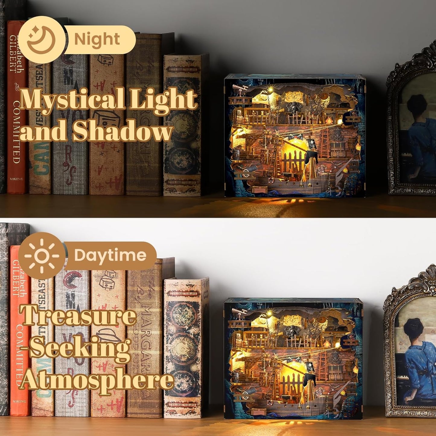 Book Nook Pirate Kit - DIY Miniature House Kit for Adults, Teens, Dollhouse Booknook Bookshelf Insert Decor with LED Light, 3D Wooden Puzzle Gifts for Family, Friends