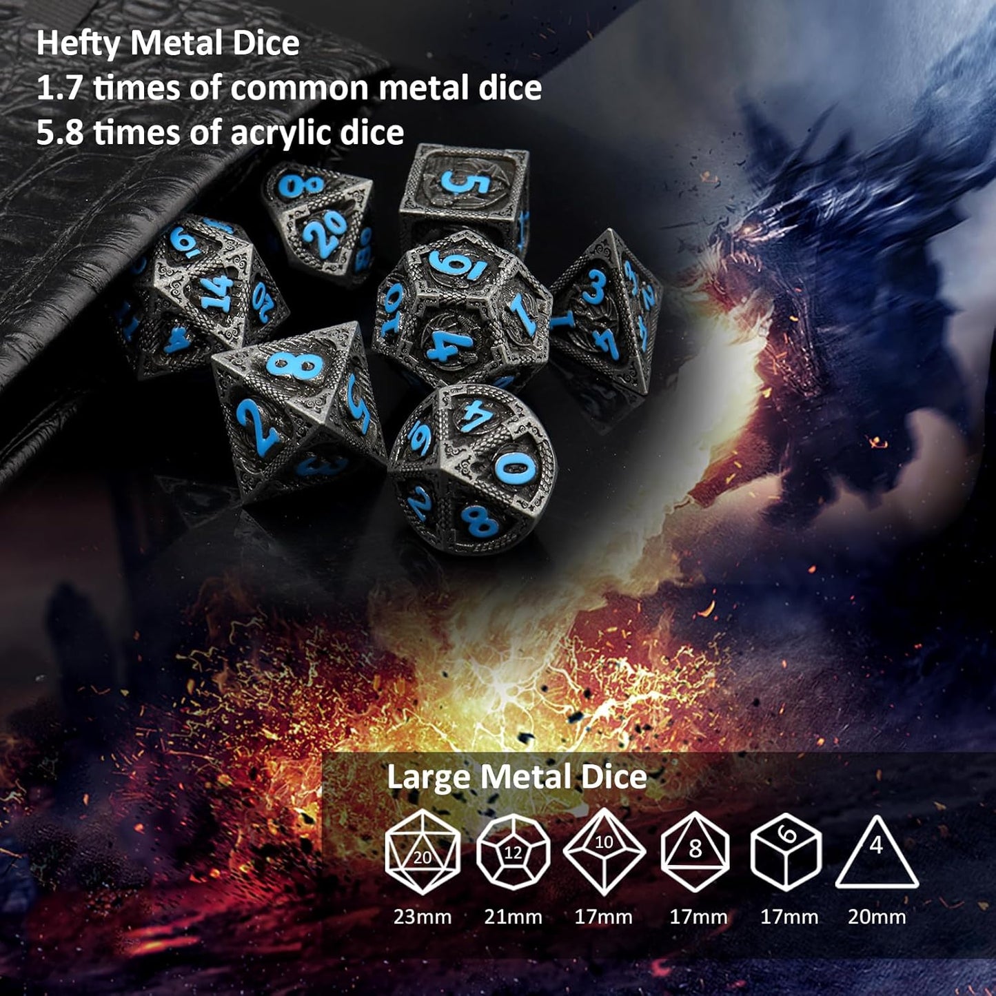 Haxtec Metal DND Dice Set Black Blue Dragon D&D Dice Set with Leather Dice Bag Metal Polyhedral Dice Compatible with Dungeons and Dragons Gifts TTRPG Dice