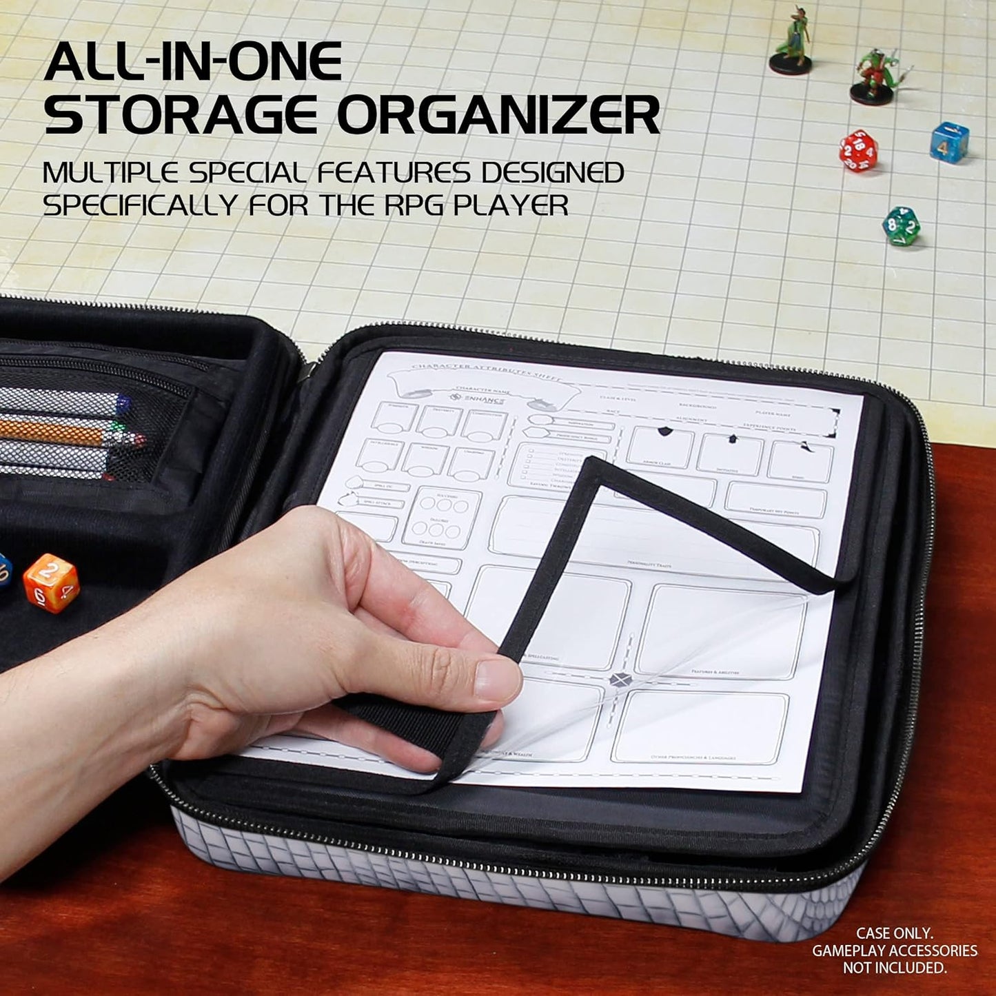 ENHANCE RPG Organizer Case - DnD Binder with Built-in Character Sheet Holder and Erasable Scribe Panel, Dice Rolling Area, Removable Pen Pouch, Miniature Foam Tray, Wrist Strap