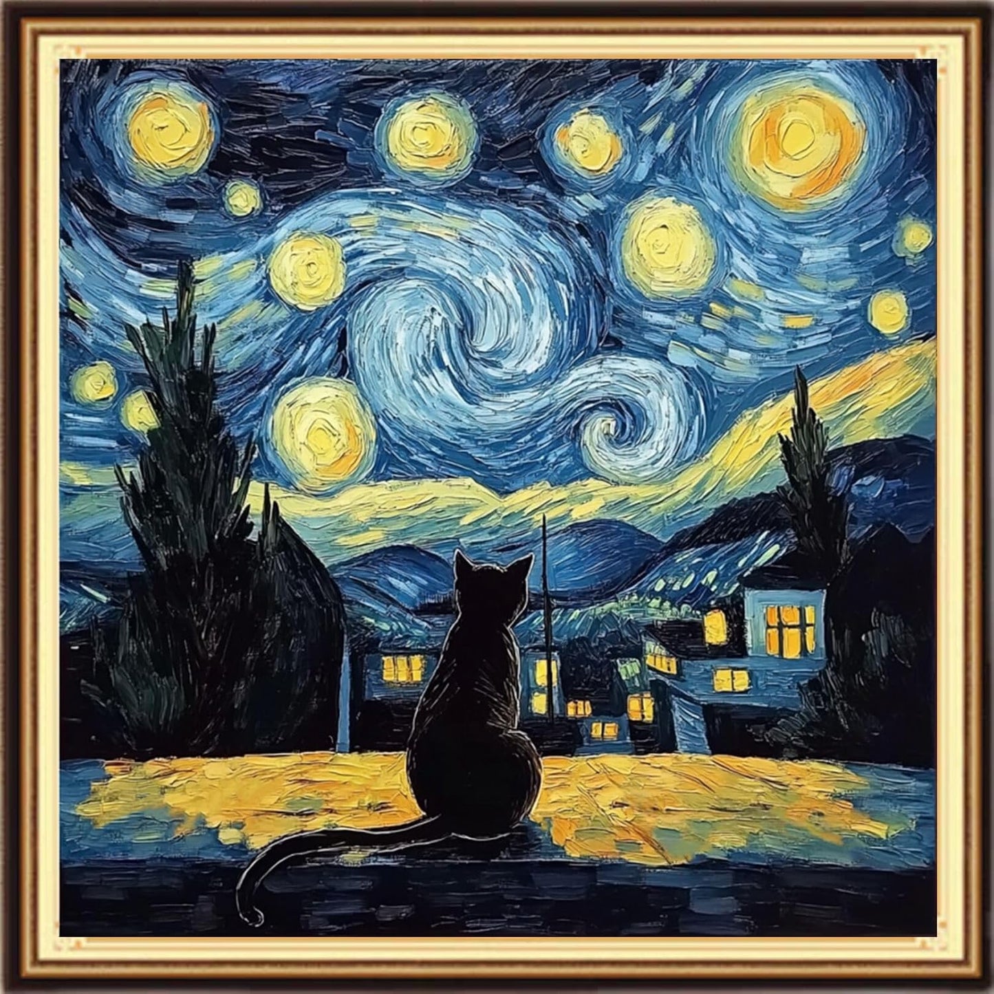 Dimensean Stamped Cross Stitch Kits Full Range of Embroidery Patterns Starter Kits for Beginners Adult or Kids DIY Cross Stitches Needlepoint Kits 11CT-Van Gogh Starry Cat 18x18 inch