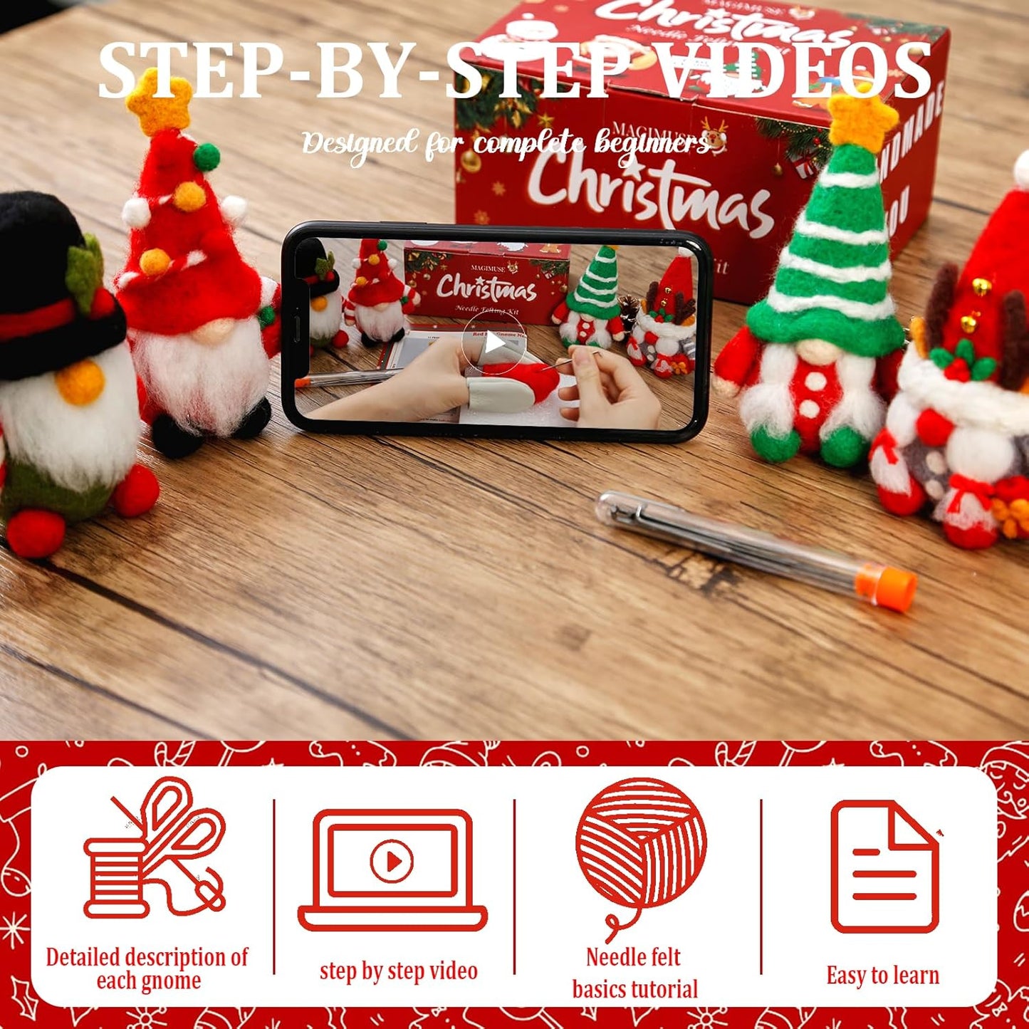 MAGIMUSE Needle Felting Kit, Needle Felting Starter Kit with Basic Felt Tools, Christmas Gnome Needle Felting Kit for Beginners, DIY Wool Needle Felting Supplies for Christmas Festival Crafts