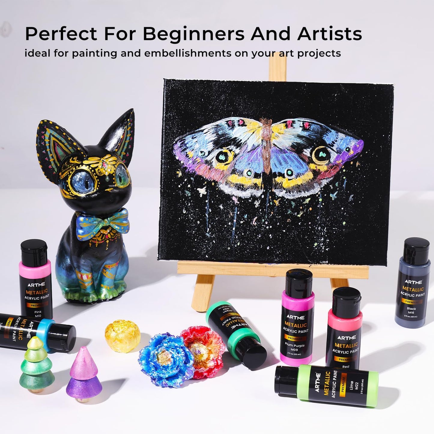 ARTME Metallic Acrylic Paint Set, 24 Metallic Colors in 2 oz/60ml Bottles, Metallic Shining Acrylic Paint, Rich Pigments Paint Perfect for Artists, Beginners on Canvas, Rocks, Wood, Fabric, Ceramic