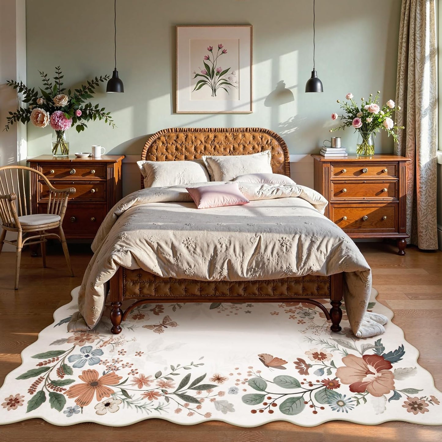 Beeiva 5 x 7 Area Rugs - Scalloped Floral Printed Beige Playroom Rug for Dorm Non Slip Washable Neutral Area Rug Soft Ultra-Thin Aesthetic Throw Carpet for Kids Room Nursery Living Room(Beige,5x7ft)