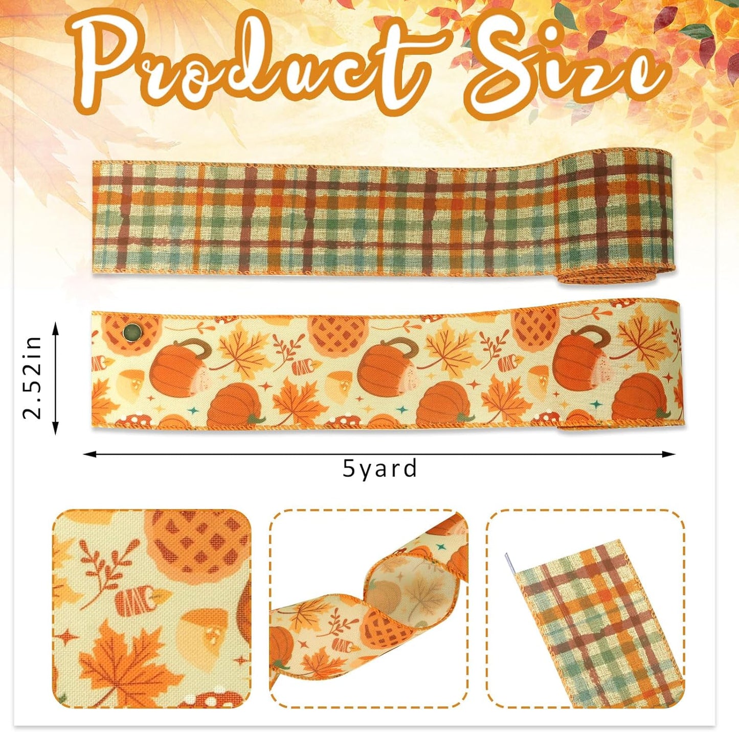 Threetols 2 Rolls 10 Yards Fall Wired Edge Ribbons, 2.5inch Orange Plaid Burlap Ribbon, Autumn Leaves Pumpkin Ribbon for Harvest Thanksgiving Party DIY Craft Fall Wreath Bow Decor