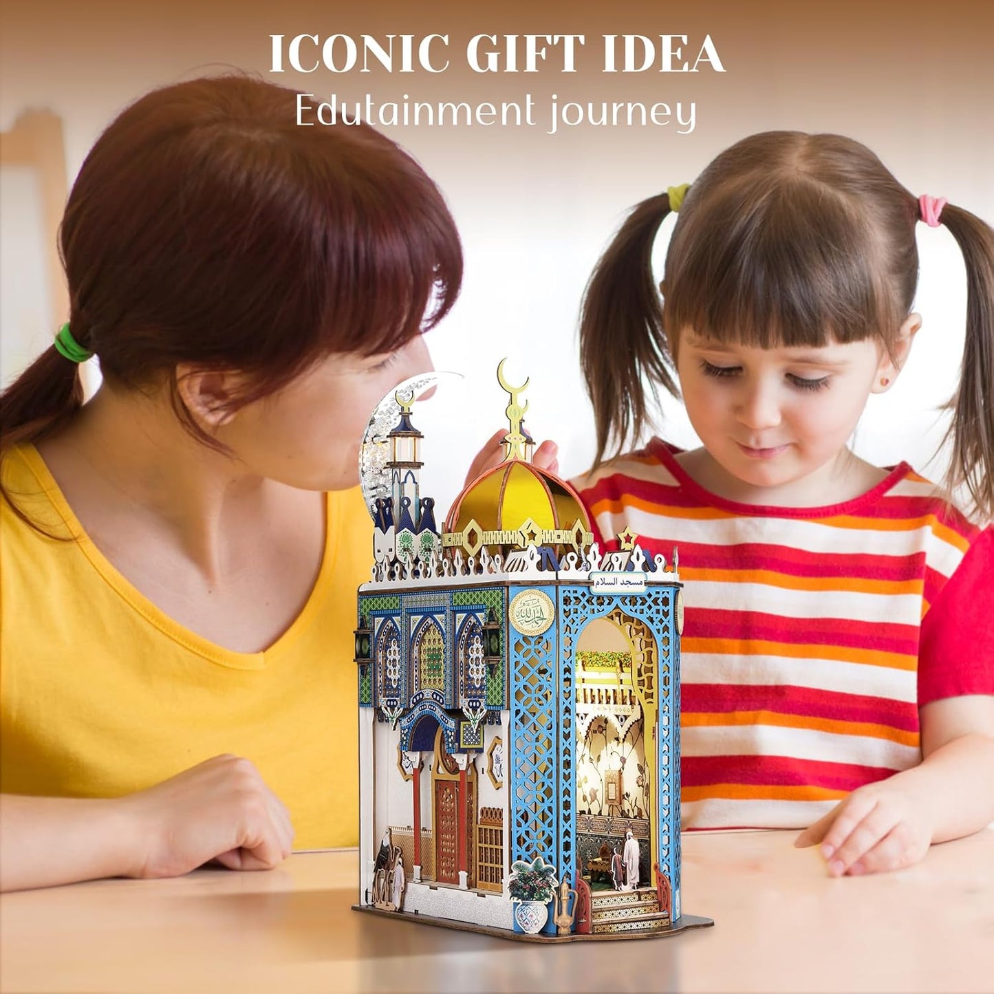 DIY Book Nook Kit, 3D Wooden Puzzle Mosque Miniature Booknook Bookend Bookshelf Decor with LED Light, The Tiny House for Adults Teen, Dollhouse Kit (Mosque)