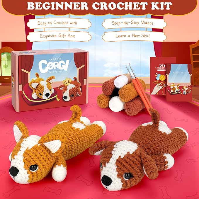 Fortuning's JDS Crochet Kit for Beginners, 2 Adorable Corgi Dog Crochet Animals Kits, Easy Beginner Crochet Kit for Adults & Kids, Women & Men, DIY Craft Knitting Kit with All Supplies