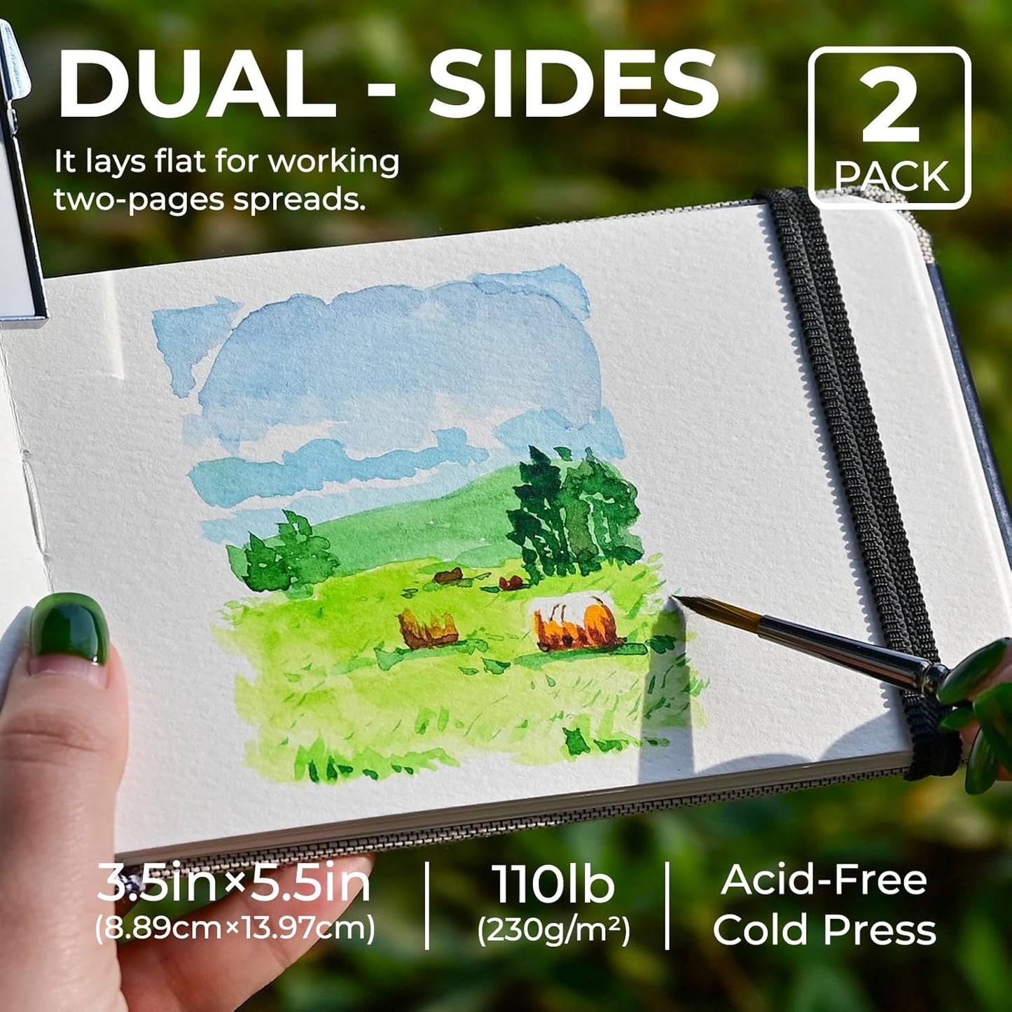 Funto Watercolor Journal, 3.5x5.5, 2 Pack, 24 Sheets Each, Cold-Pressed with Inner Pocket, 110lb/230gsm, Suitable for Techniques and Mixed Media