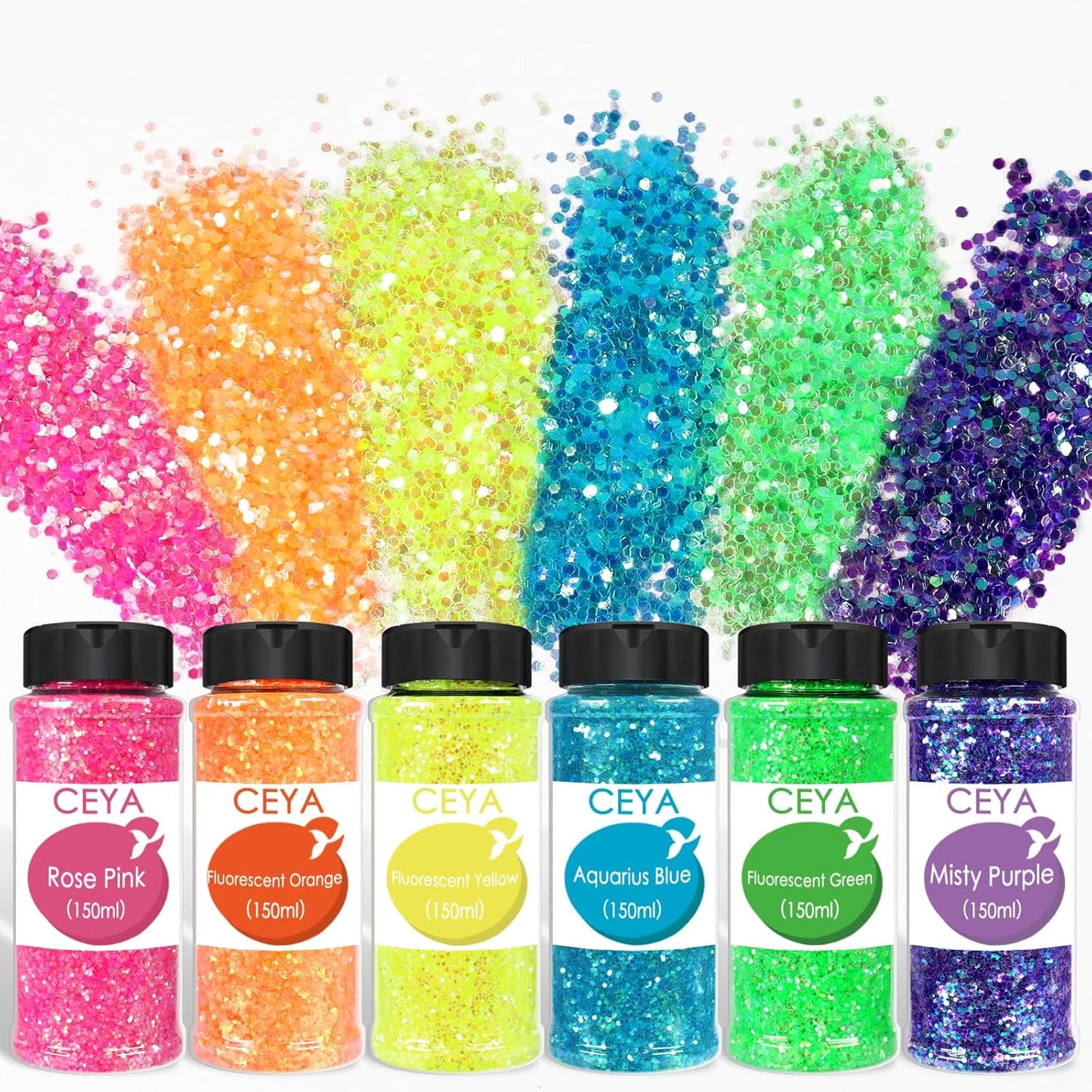 Ceya Bulk Chunky Glitter 6 Assorted Colors, 4.23OZ Each Jar Iridescent Crafts Glitter Set, 1/24” Medium Size Nail Sequins for School Classroom Art,DIY Craft Slime,Blue,Pink,Orange, Green,Yellow,Purple