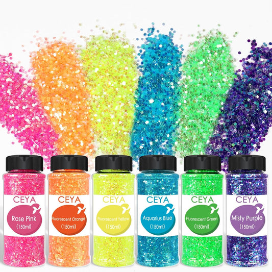 Ceya Bulk Chunky Glitter 6 Assorted Colors, 4.23OZ Each Jar Iridescent Crafts Glitter Set, 1/24” Medium Size Nail Sequins for School Classroom Art,DIY Craft Slime,Blue,Pink,Orange, Green,Yellow,Purple