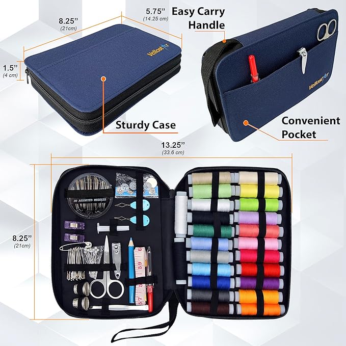 Easy to Use Sewing Kit for Adults and Kids - Needle and Thread Kit with Sewing Supplies and Accessories for Fixing Buttons & Small Repairs, Basic Travel Mending Set for Beginners, Navy Blue