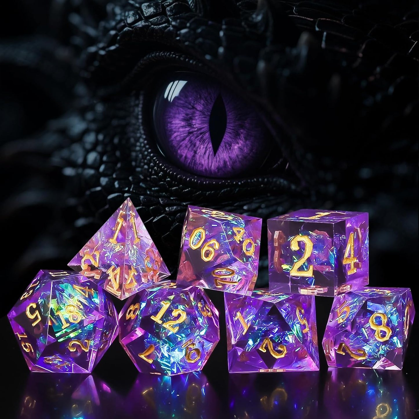 QMAY Resin Mystery Dice Set, 7 Pcs Handmade Sharp Edge Polyhedral Dice, Random Various Styles DND Dice & Dice Bag, DND Gifts, Suitable for Dungeons and Dragons, RPG, MTG,Role Playing Table Game