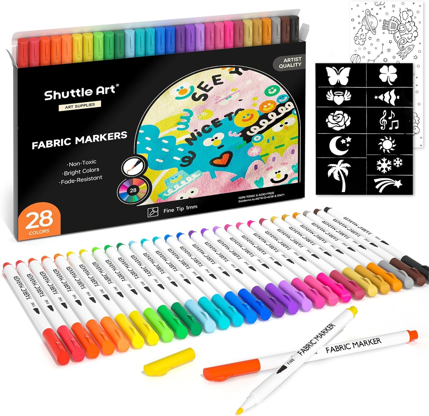 Shuttle Art 28 Colors Fabric Markers, Shirt Permanent Markers for Clothes Sneakers Jeans with 11 Stencils 1 Fabric Sheet, Fabric Pens for Kids Adult Painting Writing