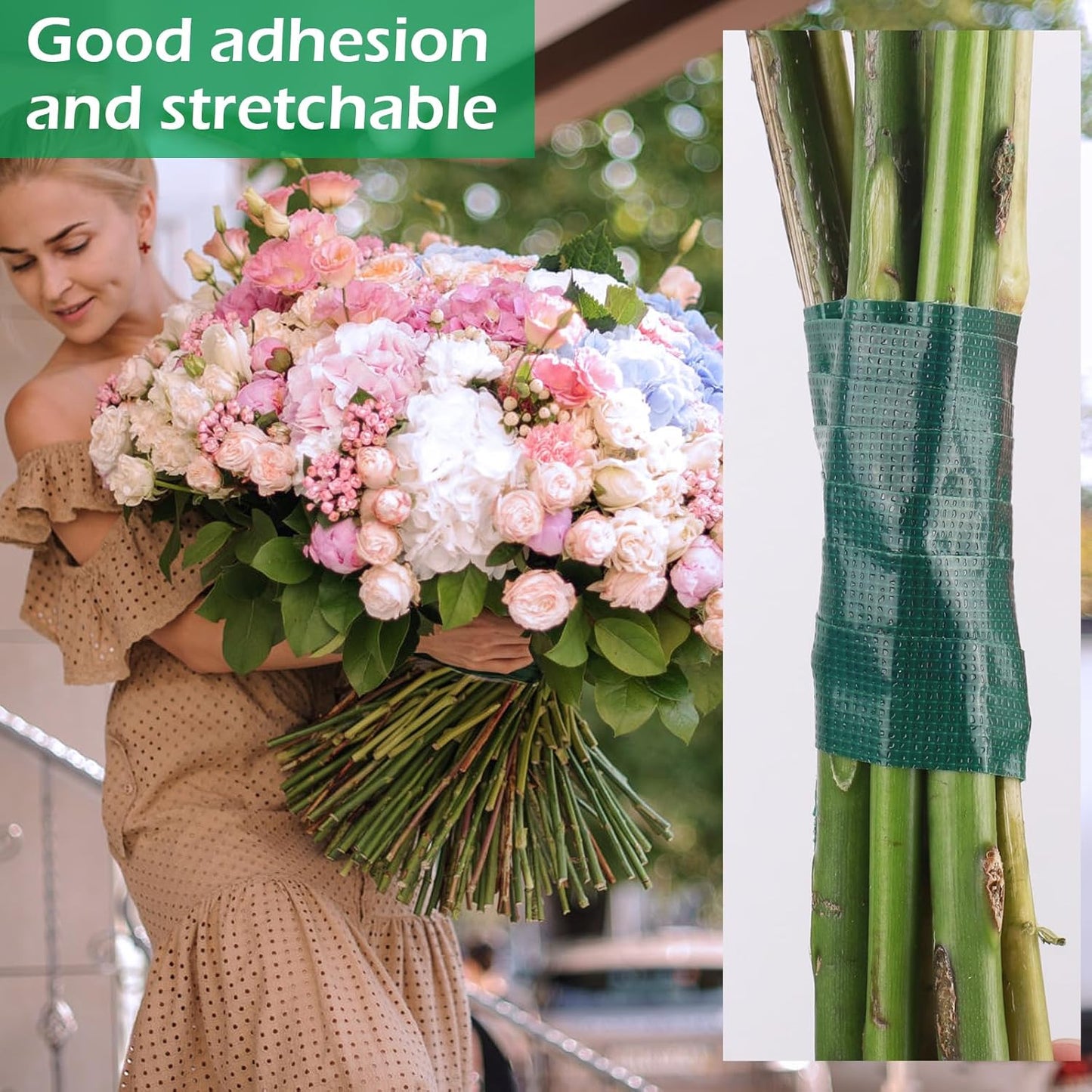 GLAMFIELDS Floral Tape Green, Flower Wrap Adhesive Waterproof Tape for Bouquets 0.26" (60 Yd/180 Ft) - 1 Roll/Green