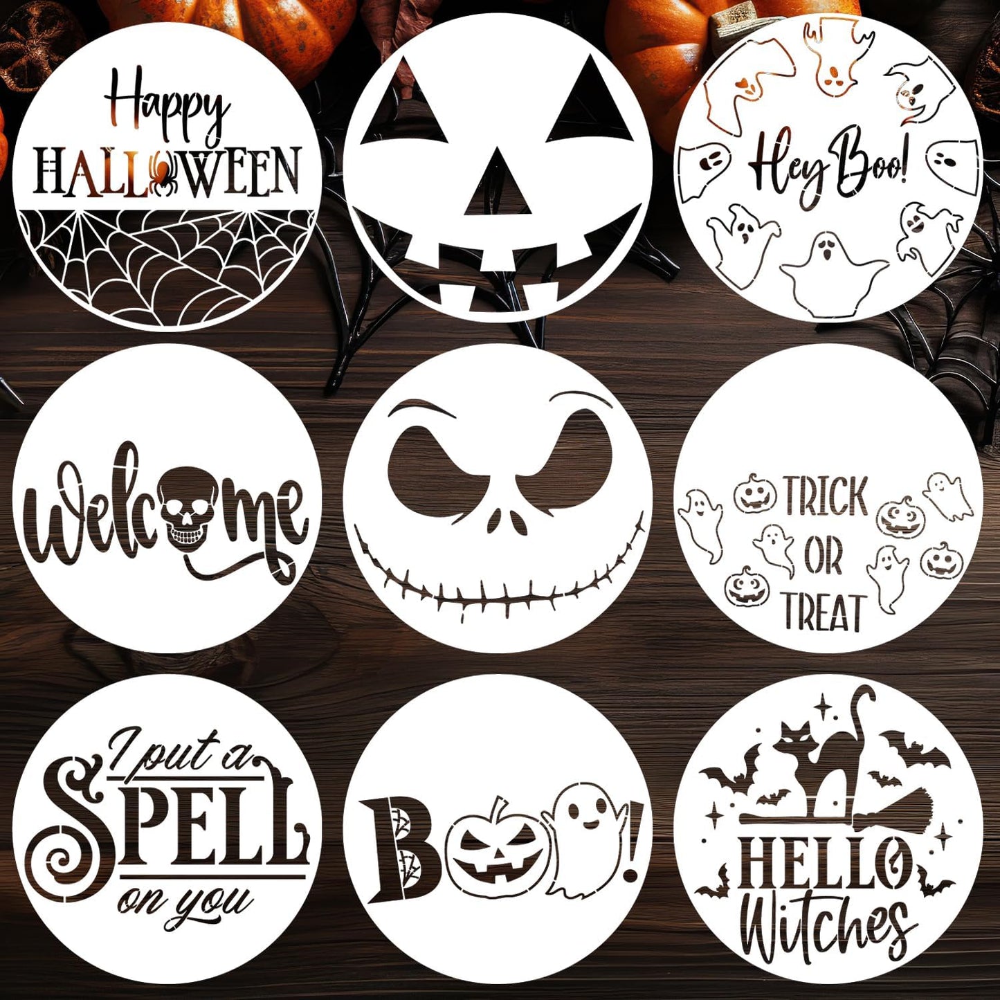 Halloween Stencils for Painting on Wood 12” Round Halloween Stencil Hey Boo Trick or Treat Ghost Pumpkin Face Templates for Door Hanger Porch Sign
