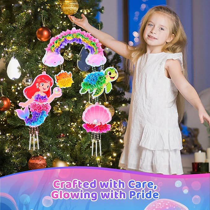 Ancitoy Ocean Mermaid Poke Art Wind Chime Craft Kit – DIY Arts and Crafts for Kids Ages 4-9, Mess-Free Fabric Art Activity, Creative Birthday Gift for Girls and Boys