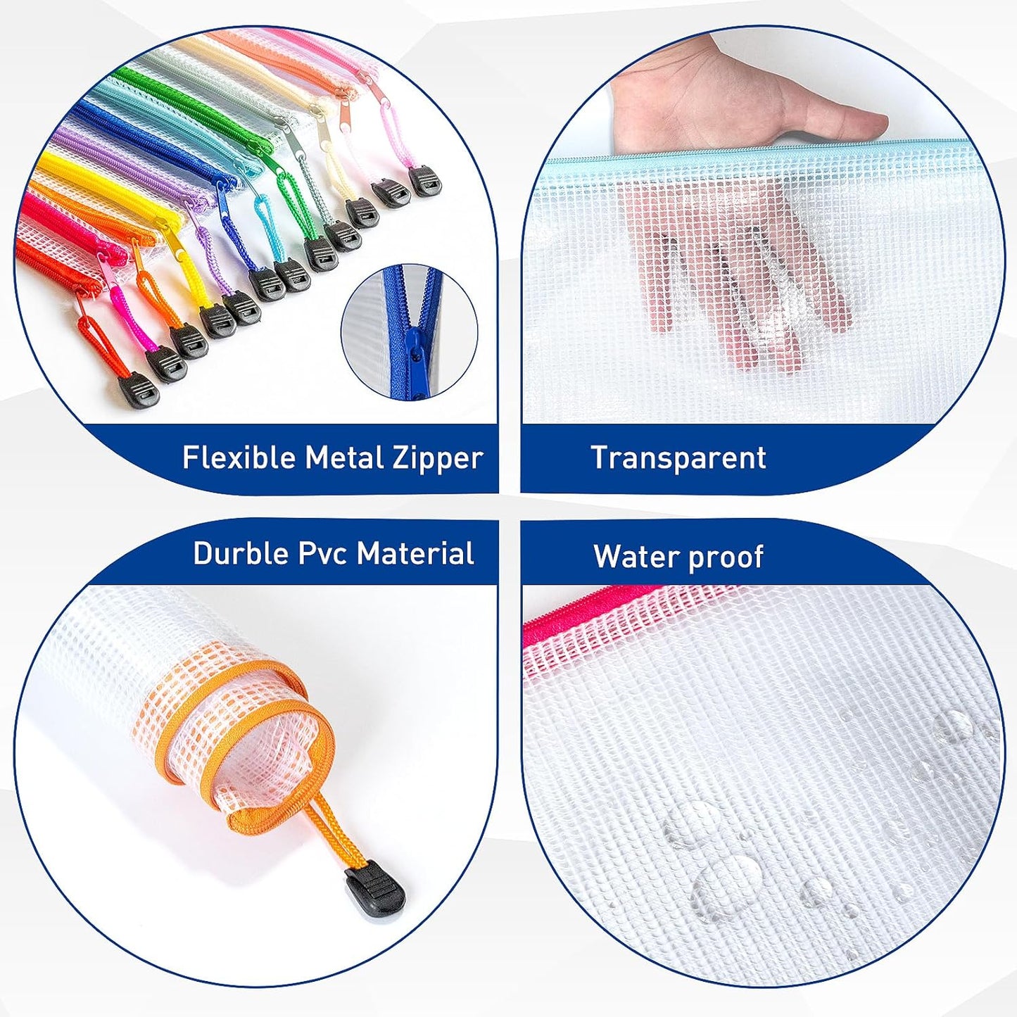9pcs A4 Mesh Zipper Pouch Bags, 9 Colors, PVC Material, Reusable, Transparent, Zip Closure, Perfect for Toy Storage, Office Organization