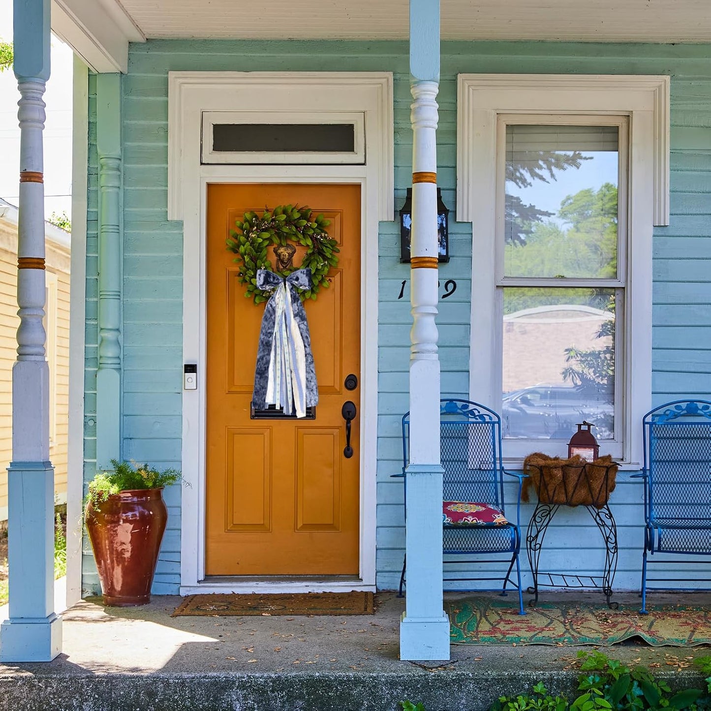 Large Blue Velvet Ribbon Bow for Wreath, Vintage Solid Fabric Ribbons Set Assorted Lace Ribbons Blue White Clip-On Wreath Sash Ribbon Bundle for Winter Christmas Home Indoor Outdoor Decor