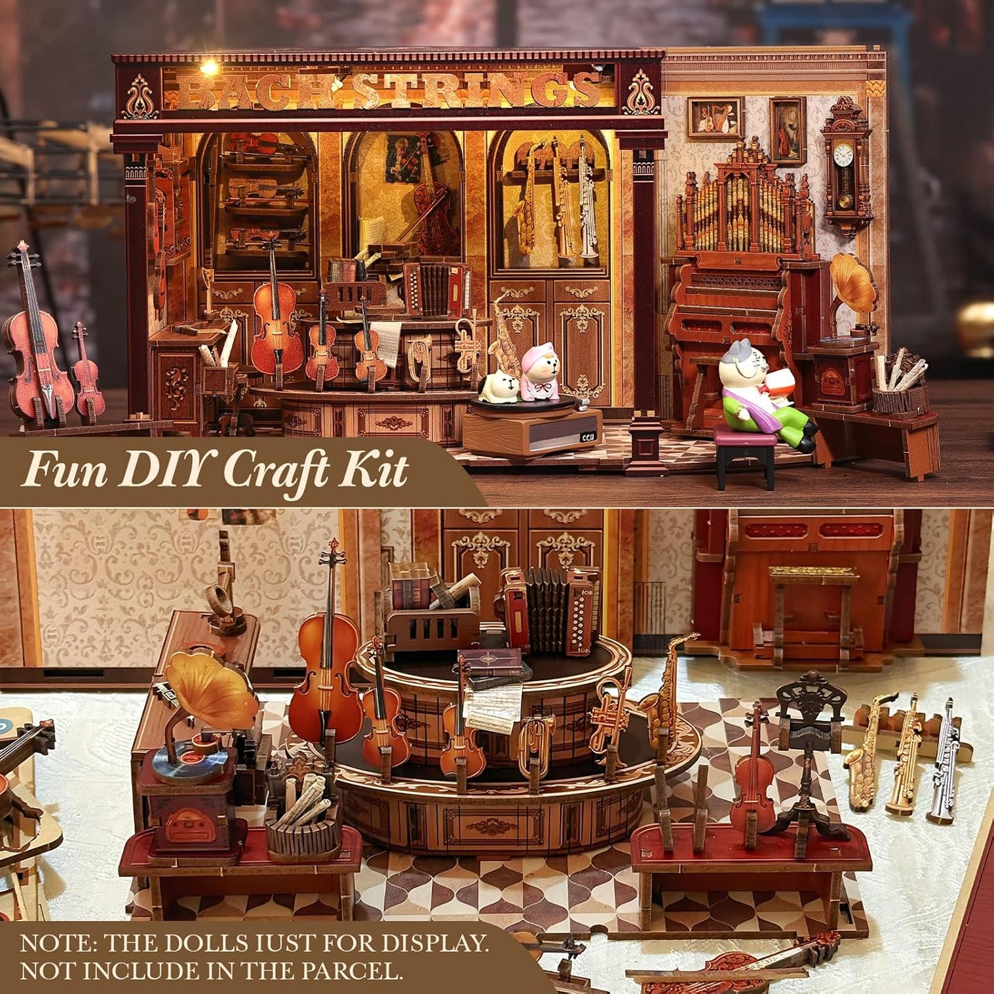 CUTEBEE Book Nook Kit - DIY Miniature House Dollhouse Kit for Adult and Teens, Booknook Bookshelf Decor Alley Model Build with LED Light, Gifts for Family and Friends (Bach Strings)